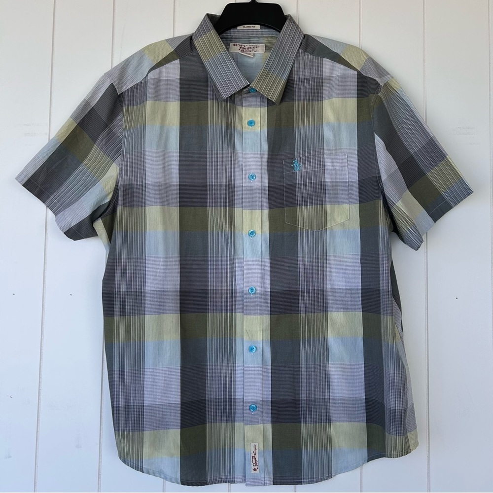Original‎ Penguin Men’s Button Up Shirt Short Sleeves Plaid Size XXL